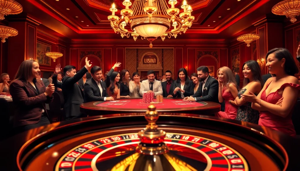 Excited gamblers gather around a luxurious poker table at five 88 casino, featuring vibrant casino elements.