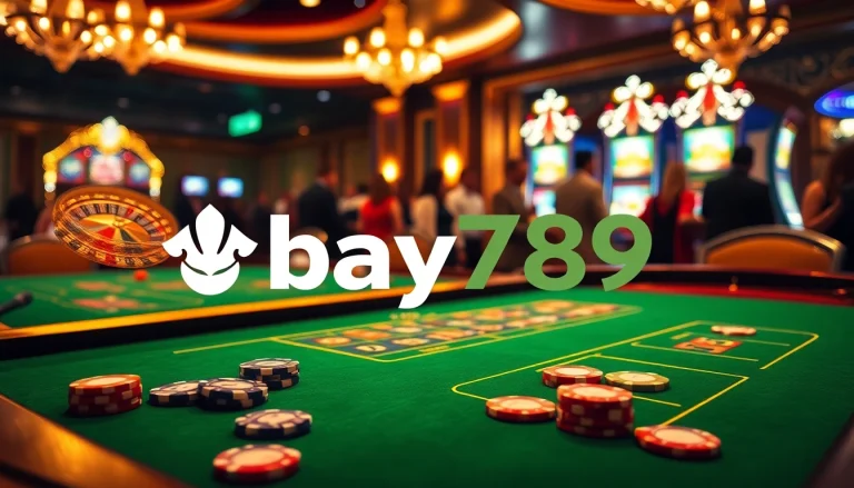 Experience high-stakes excitement at Bay789 with luxurious gaming tables and vibrant poker chips.