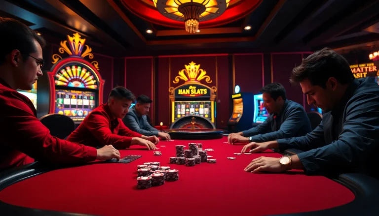 Pahala4d gaming scene featuring intense poker action, vibrant slot machines, and buzzing casino atmosphere.