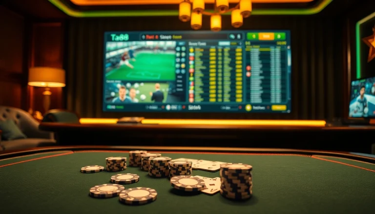 Tải ta88 by placing bets at an elegant online casino with poker chips and sports betting interface.