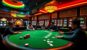 Players at a high-stakes poker table enjoying the thrilling experience of NK88 in a luxurious casino setting.
