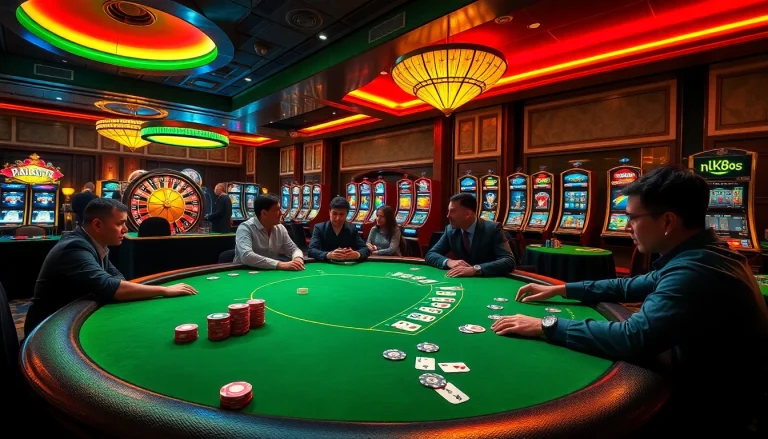 Players at a high-stakes poker table enjoying the thrilling experience of NK88 in a luxurious casino setting.