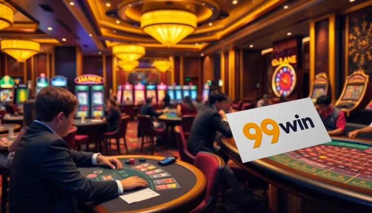 Engaging scene of players enjoying high-stakes games at a 99win casino, highlighting luxury and excitement.
