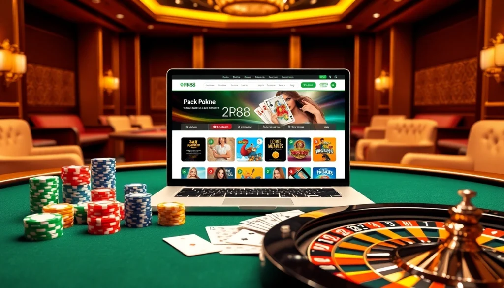 Engaging scene showcasing online gambling at https://rr88.auction/ with poker chips and roulette table.