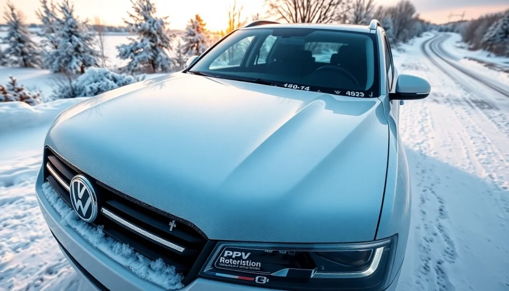 PPF winter road salt protection demonstrated on a vehicle in a snowy environment.