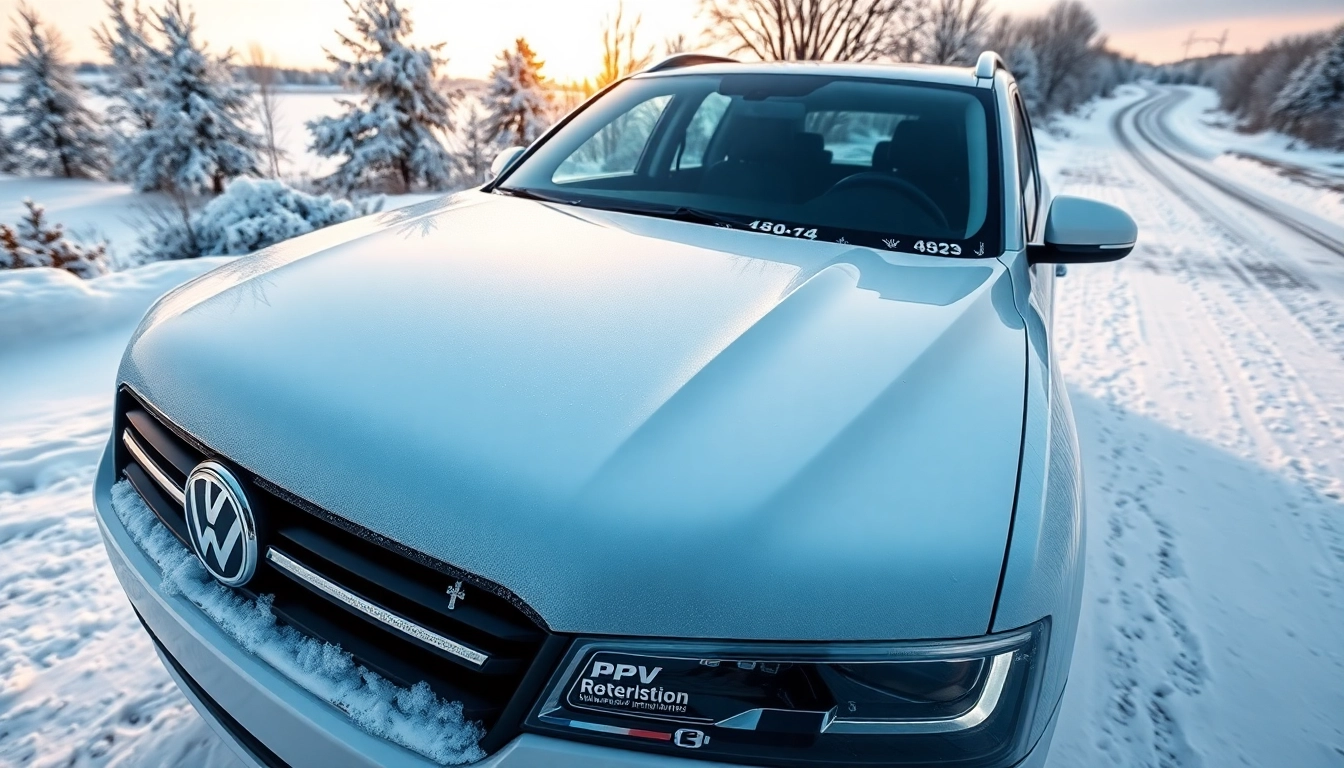 PPF winter road salt protection demonstrated on a vehicle in a snowy environment.