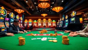 Engaged players at a glamorous NK88 casino table, showcasing excitement and high-stakes poker action.