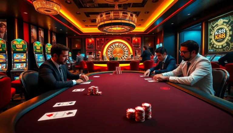 K88 casino scene with intense poker action, vibrant slot machines, and a luxurious atmosphere.