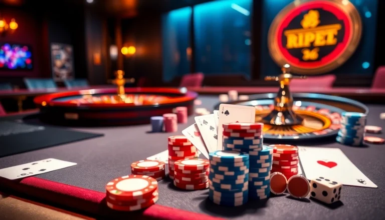 Engaging scene of game bài ee88 with casino table, poker chips, and vibrant online interface.