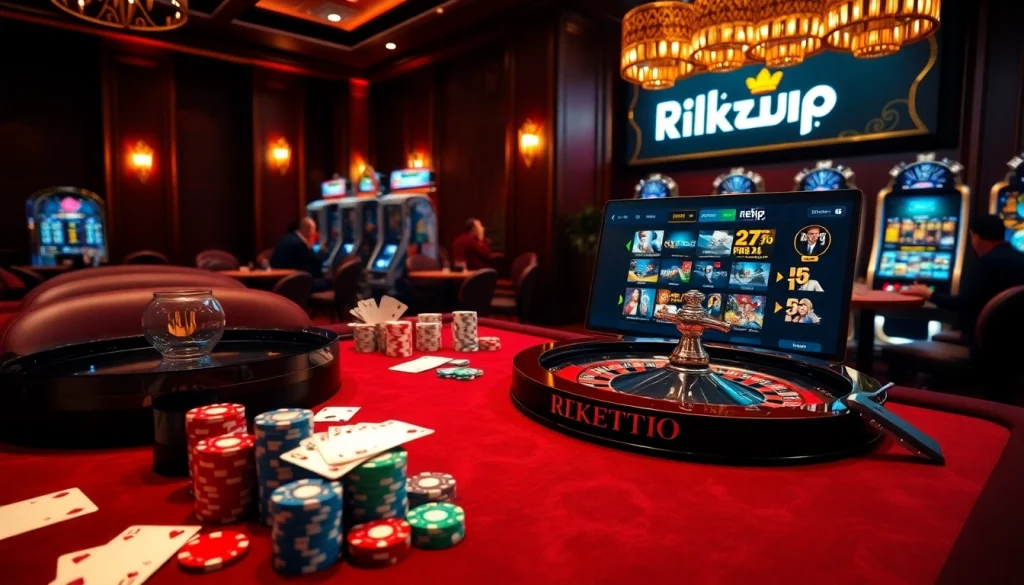 Experience the thrill of gambling at Rikvip with vibrant poker chips and sleek casino elements.