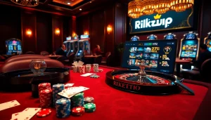 Experience the thrill of gambling at Rikvip with vibrant poker chips and sleek casino elements.