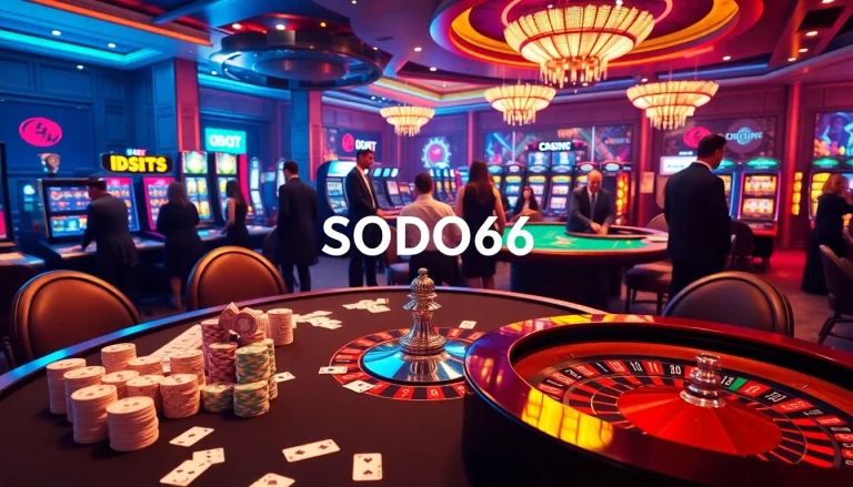 Experience the excitement of SODO66 with vibrant casino gaming scenes showcasing poker and roulette.