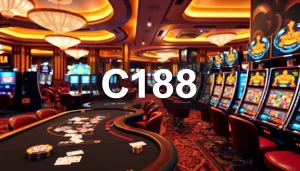 C168 showcases a luxurious casino experience with vibrant slot machines and elegant gaming tables.
