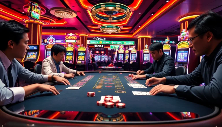 Engaging players at a luxurious table showcasing lô đề uy tín action in a vibrant casino environment.