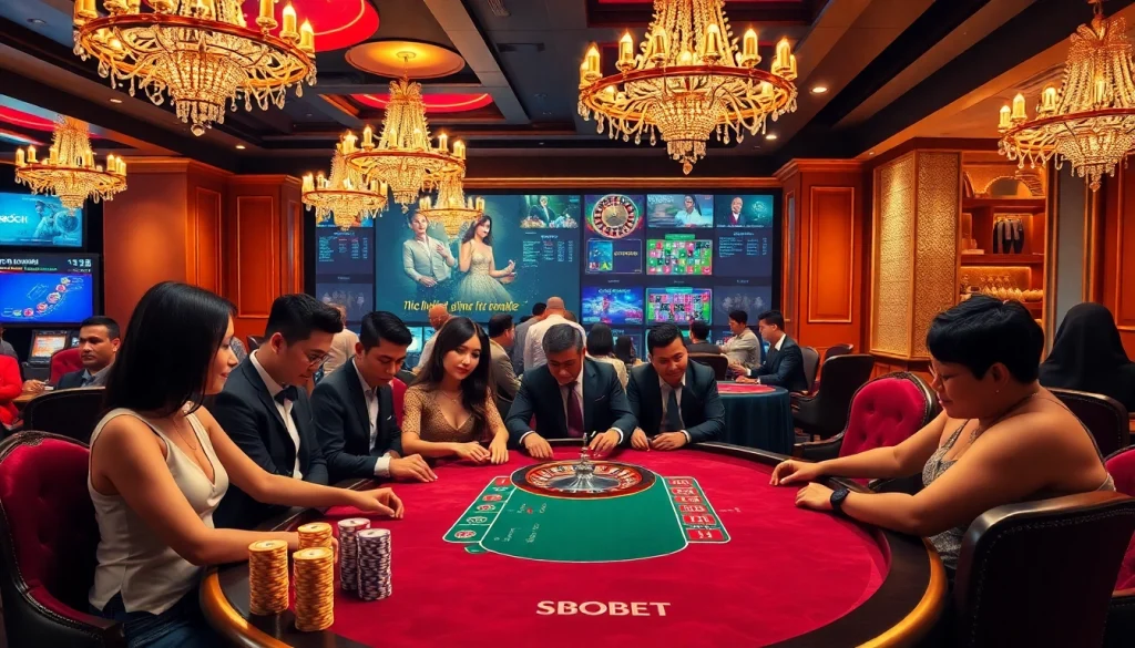 SBOBET poker table scene showcasing excitement and luxury in a vibrant casino setting.