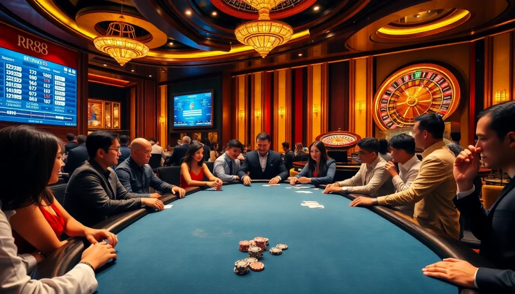 RR88 players enjoying an exciting poker game at a luxurious casino.