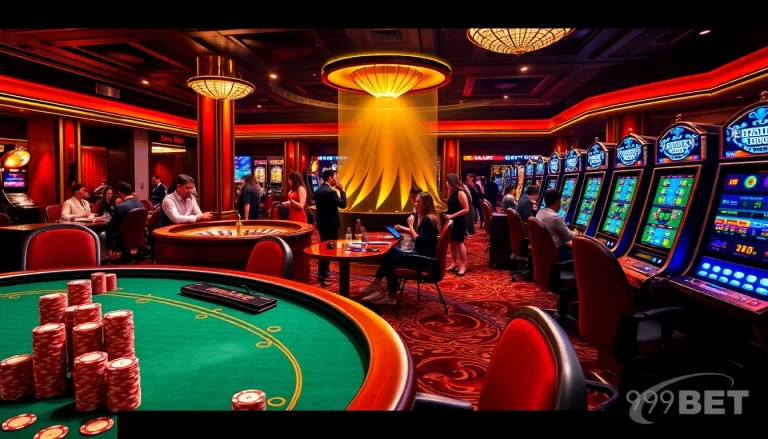 Exciting casino scene featuring 999BET's vibrant gaming atmosphere with poker, roulette, and slot machines.
