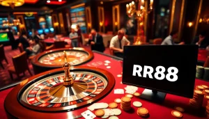 Players enjoying a thrilling game at RR88 online casino with vibrant chips and cards.
