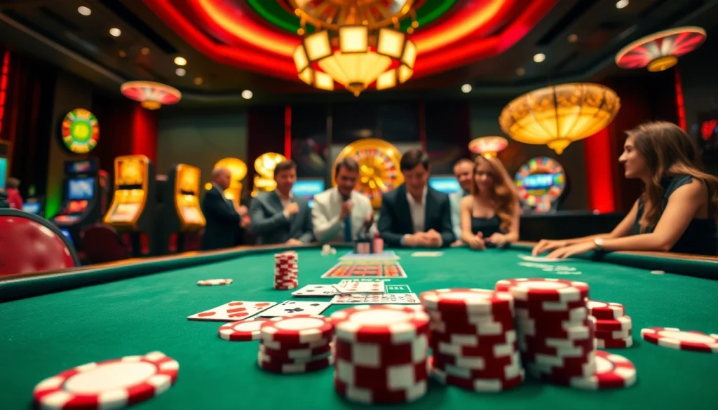 RR88 gaming table with poker chips and cards in a luxurious casino setting.