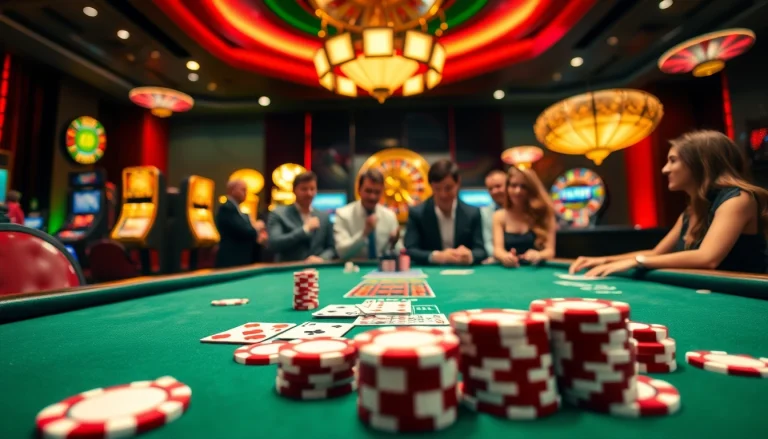 RR88 gaming table with poker chips and cards in a luxurious casino setting.