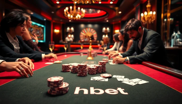 Experience the thrill of hbbet poker with players at a luxurious casino table surrounded by vibrant chips and cards.