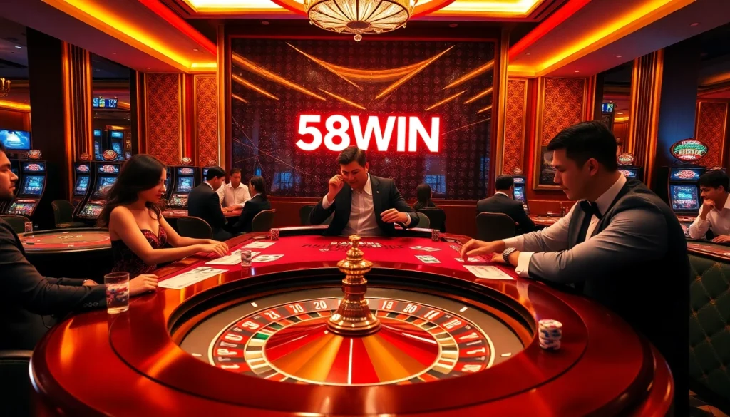 Players enjoying high-stakes gambling at the luxurious 58WIN casino table, filled with poker chips and cards.