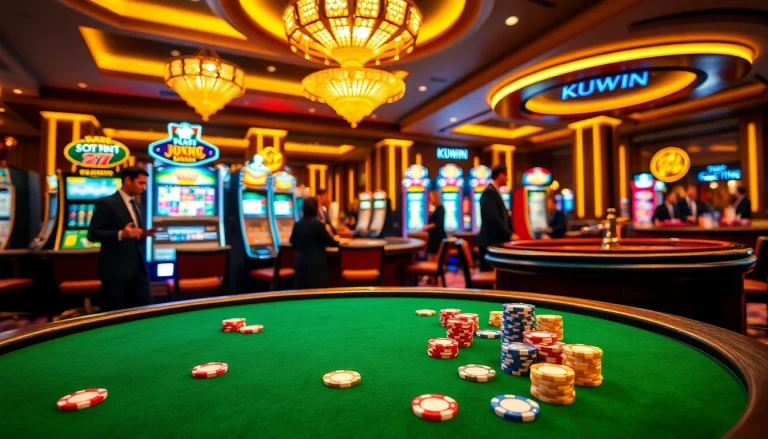 Engaging players at KUWIN casino table with colorful chips and spinning roulette.