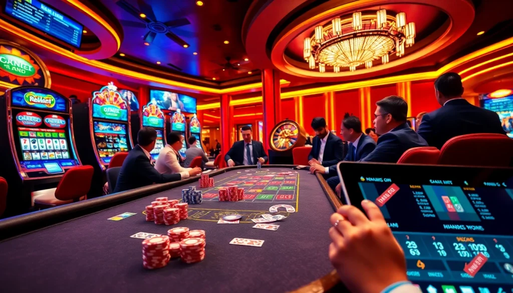 Engaged players at a vibrant casino table with betting chips and cards, inspired by https://8kbet.ink/.