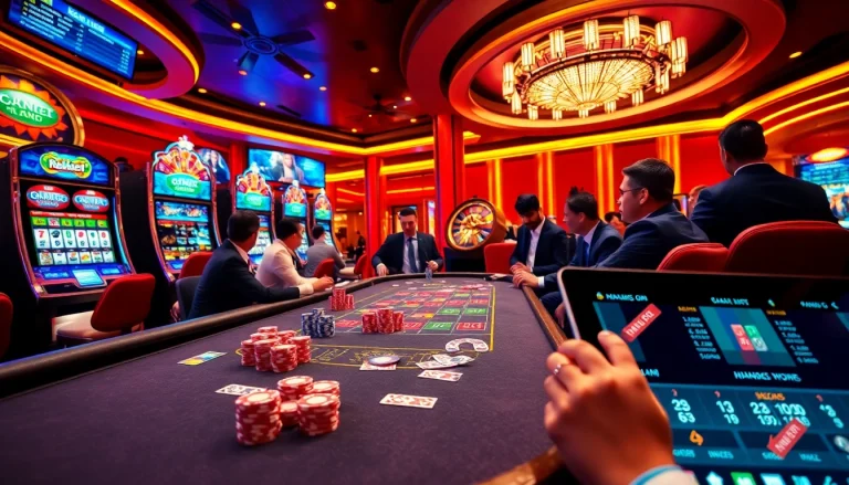 Engaged players at a vibrant casino table with betting chips and cards, inspired by https://8kbet.ink/.