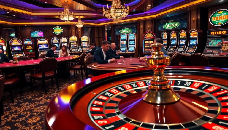 Players enjoy high-stakes poker at QH88 casino, surrounded by vibrant slots and elegant ambiance.