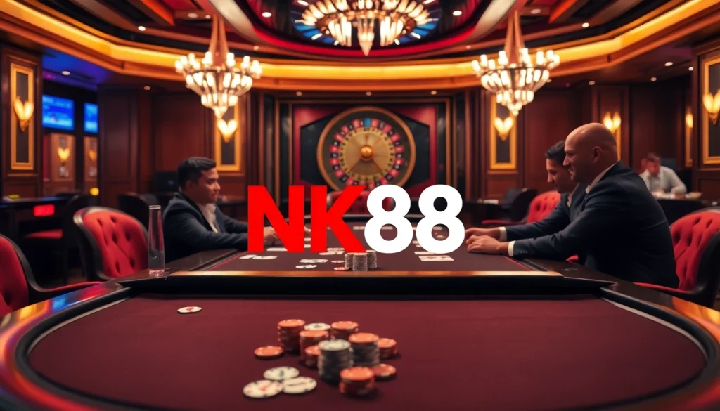 NK88 poker players engaged in a thrilling game at a luxurious casino table.