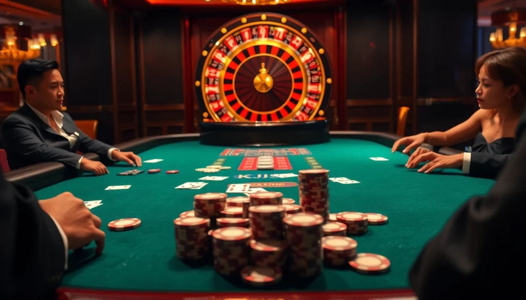 KJC-themed luxurious casino experience with poker table and roulette wheel.