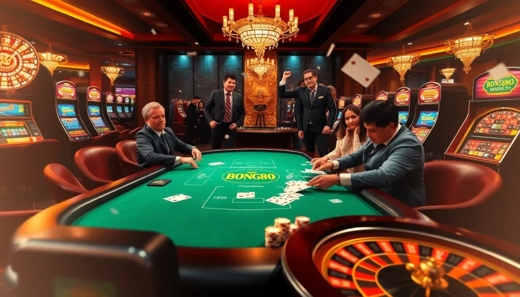 BONG88 poker players experiencing high-stakes excitement with vibrant casino tables.