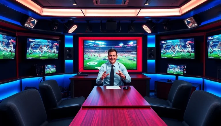 Exciting sports broadcasting scene showcasing an anchor in a professional studio setup.
