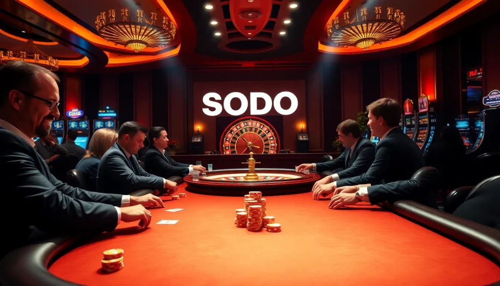 SODO CASINO offers an exciting scene of poker players at a vibrant casino table surrounded by slot machines and roulette.