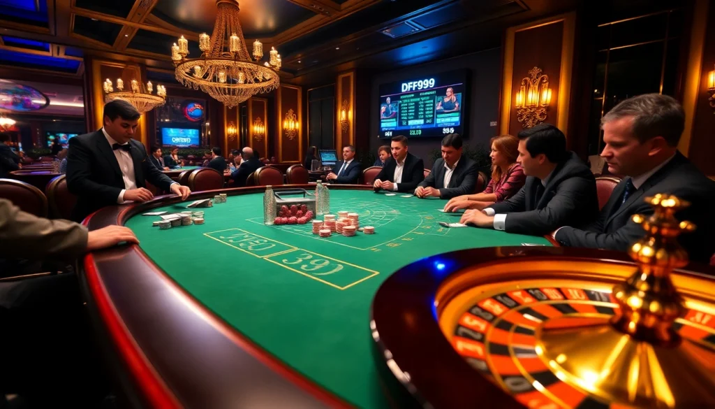 Experience the thrill at DF999's vibrant casino table with poker chips and roulette wheel.