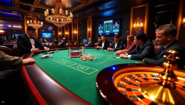 Experience the thrill at DF999's vibrant casino table with poker chips and roulette wheel.
