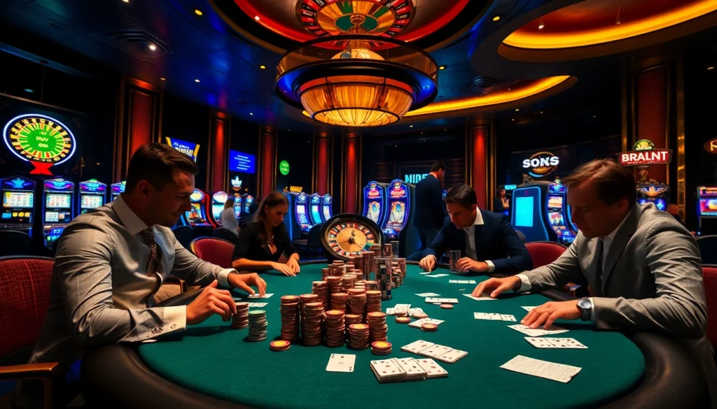 Hitclub poker players strategizing with intense focus and stacked chips in a vibrant casino.