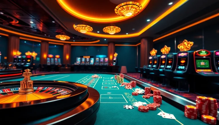 Engaging gambling scene depicting Trang Chủ DEBET with a vibrant roulette wheel and poker table.