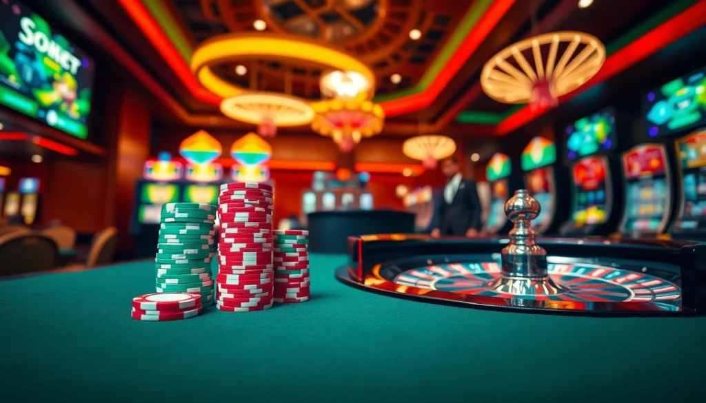 Players engaging in an exhilarating game of chance at the luxurious soibet ไทย casino, surrounded by vibrant slot machines.