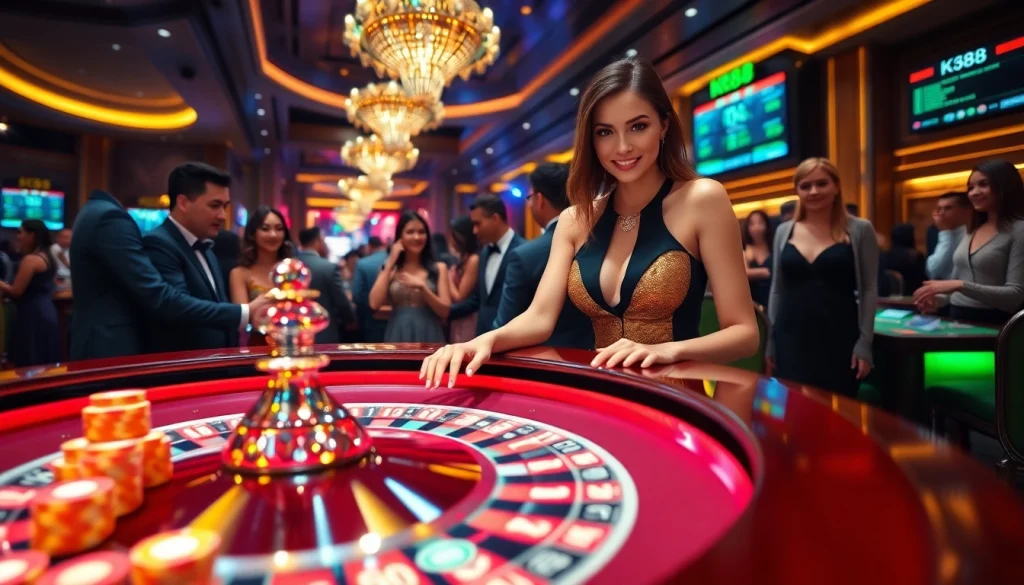 K88 casino experience with players enjoying roulette, elegant dealer, and vibrant atmosphere of gambling.