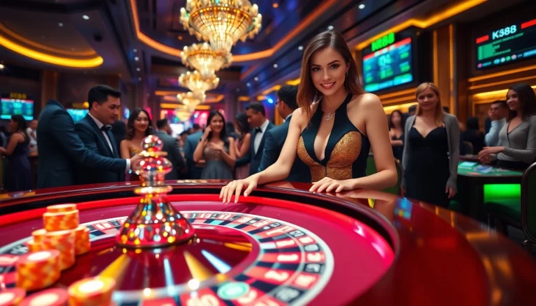 K88 casino experience with players enjoying roulette, elegant dealer, and vibrant atmosphere of gambling.