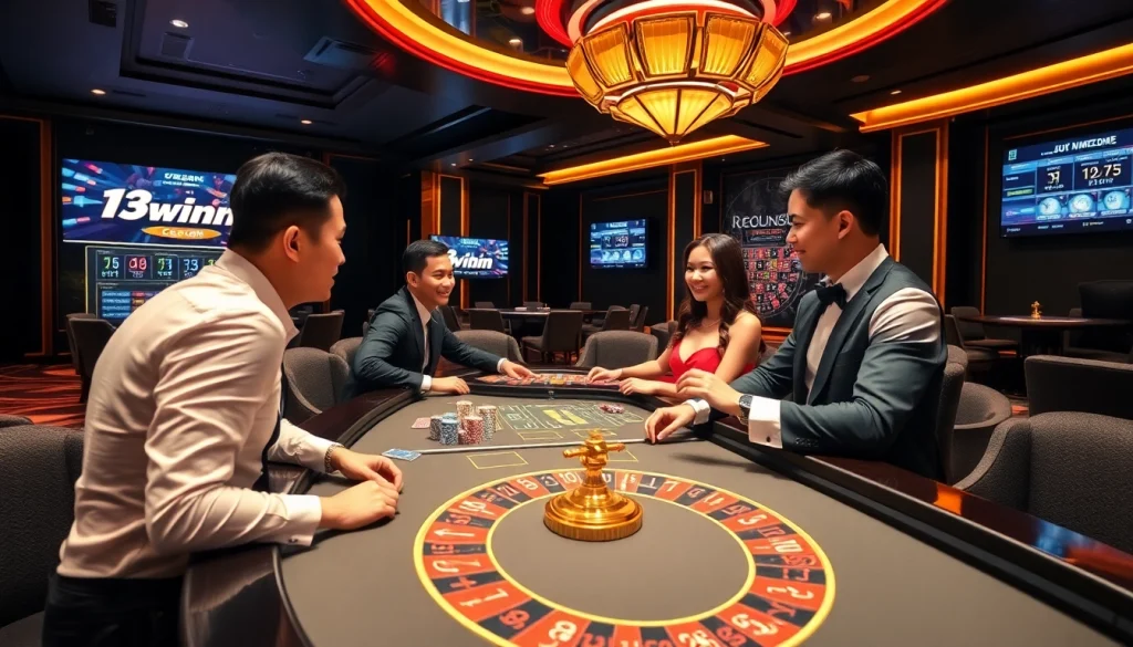 Exciting casino action at 13win with players at a vibrant gaming table and roulette wheel.