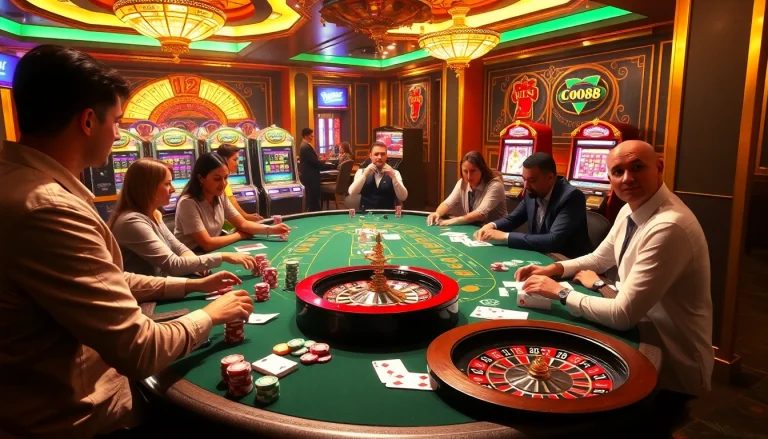 Co88 players enjoying poker at a vibrant casino table with colorful chips and cards.