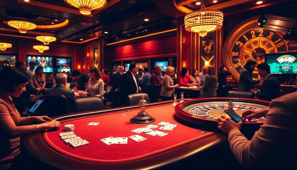 Exciting casino atmosphere showcasing Okking's vibrant poker table and roulette wheel.