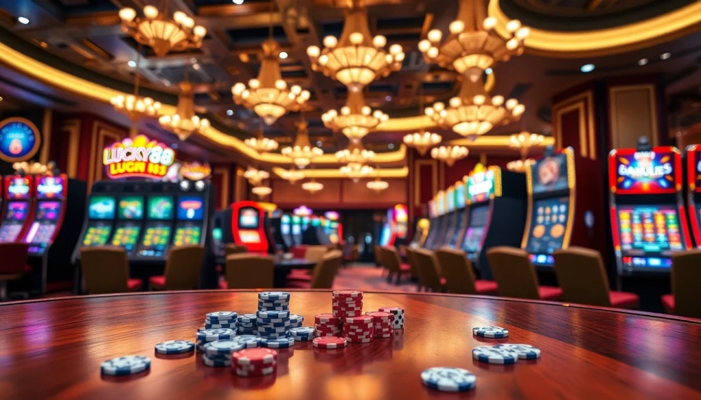 Excited casino guests playing on the Lucky88 slot machine, surrounded by colorful chips and lights.