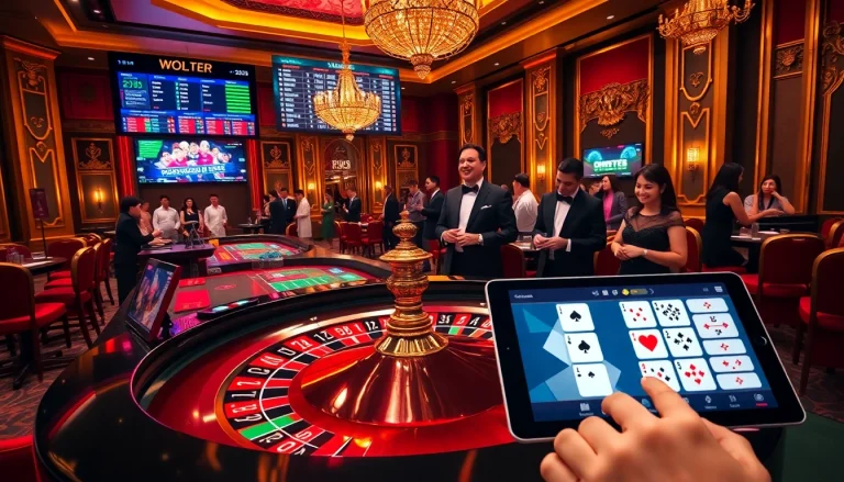 Exciting casino scene at https://k9k9.gb.net/ featuring players at the roulette table and betting on cards.