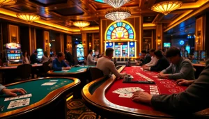 Experience the excitement of game bài xn88 in a luxurious casino vibe with players and vibrant tables.