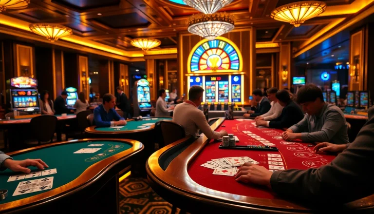 Experience the excitement of game bài xn88 in a luxurious casino vibe with players and vibrant tables.
