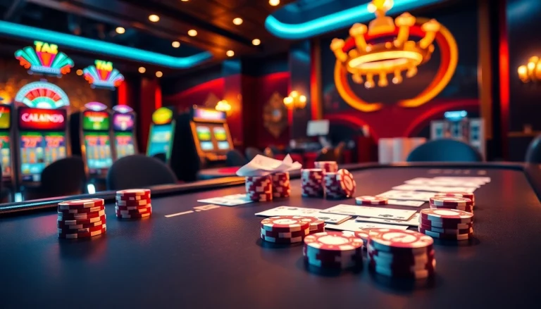 Engage in thrilling game bài 68win action at a luxurious casino table with chips and cards.